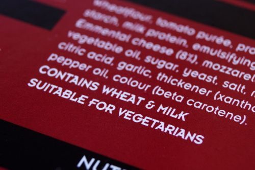 A food allergens image of food label showing ingredients. A food allergens image of food label showing ingredients.