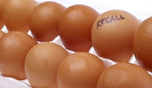 A food allergens image of eggs with one marked "Recall" on it. A food allergens image of eggs with one marked "Recall" on it.